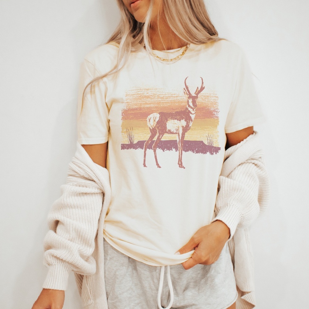 Pronghorn Antelope Rust Orange Vintage Style Boho Tee